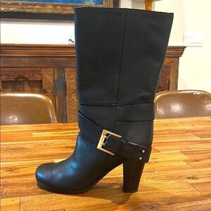 Chloe Black Heeled Boots with Gold Buckle and Chunky Heel